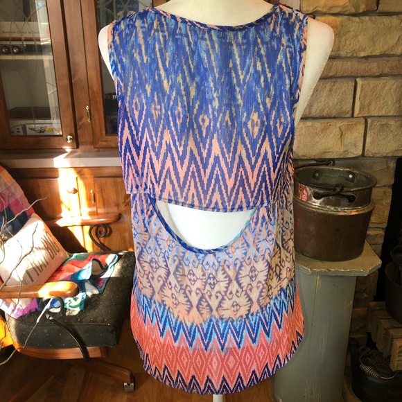 STUDIO Y SIZE MEDIUM BLUE AND PEACH SLEEVELESS SHEER BLOUSE AND CUTOUT BACK - Picture 3 of 3